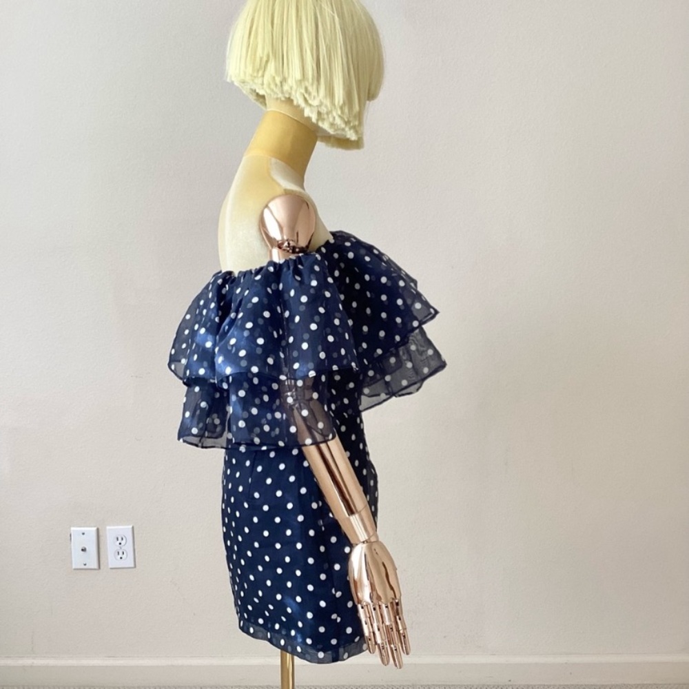 Choosy Off The Shoulder Blue/ White Polka Dot Mini Dress. - Picture 2 of 7